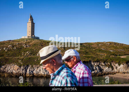 Herkulesturm, römische Leuchtturm aus dem Paseo Alcalde Francisco Vazquez, Coruña City, Galicien, Spanien Stockfoto