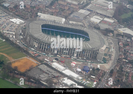 London UK. 26. Februar 2016. Eine Luftaufnahme von Twickenham Stadion als es bereitet sich auf die 6 Nations Rugby-Zusammenstoß zwischen England und Irland am Samstag, 27. Februar Credit: Amer Ghazzal/Alamy Live-Nachrichten Stockfoto