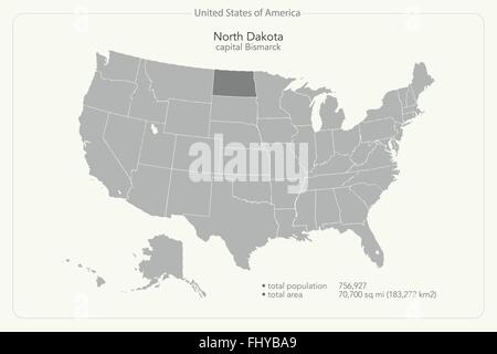 Vereinigte Staaten von Amerika isoliert Karte und North Dakota Zustand-Gebiet. politische Karte der USA Vektor. geografischen Banner Vorlage Stock Vektor