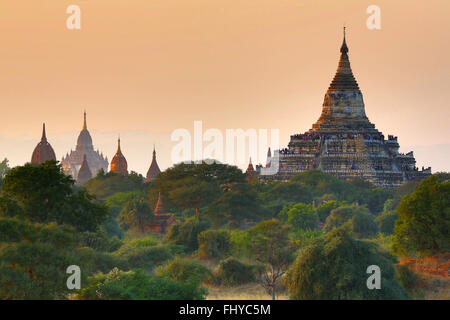 Shwesandaw Pagode und Tempeln und Pagoden bei Sonnenuntergang auf der zentralen Ebene von Bagan, Myanmar (Burma) Stockfoto