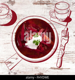 Leckere Borschtsch-Suppe. Gourmet-Restaurants, exquisiten luxuriösen Gastronomie Hintergrund. Stockfoto