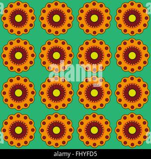 Orange Blumen auf grünem Hintergrund. Bunte digitale Vektor Hintergrundmuster. Stock Vektor