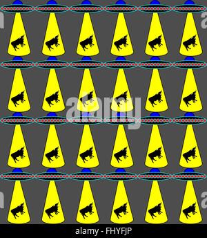 Abstrakte futuristische Print mit fliegenden Untertassen, Strahlen von Licht und Bullen. Digitale Vektor Hintergrundmuster auf dem dunklen Hintergrund. Stock Vektor