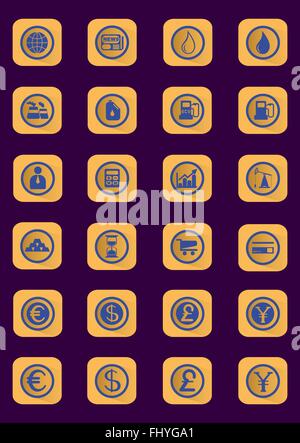 Wirtschaft und Finanzen flache Icons Set. Digitale Währung Vektorsymbolen auf dunklem Hintergrund. Stock Vektor