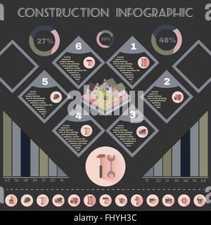 Bau-Infografik. Isometrische Stadthäuser auf einer Straße. Gebäude-Symbole. Digitalen Hintergrund-Vektor-Illustration. Stock Vektor