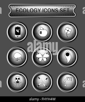Ökologie-Icons Set auf graue Runde Knöpfe. Digitale Vektor Logos Formularsatz. Stock Vektor