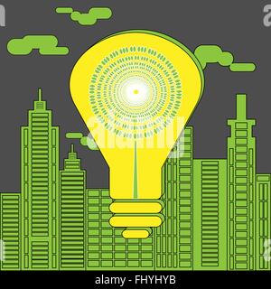 Eco-Lichtkonzept. Große gelbe energiesparende Glühbirne vor die Silhouetten der Wolkenkratzer. Digitale Vektor-Illustration. Stock Vektor
