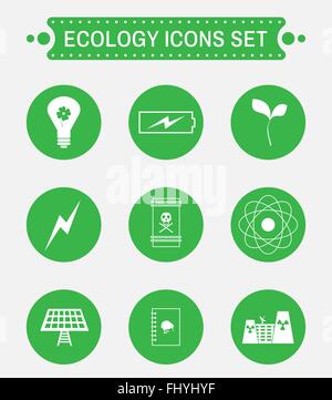 Ökologie-Logo auf grüne Runde Buttons isoliert. Digitalen Hintergrund Vektor Icon-Set. Stock Vektor