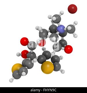 Tiotropium Bromid chronisch obstruktiver Lungenerkrankung (COPD) Wirkstoffmolekül Atome als Kugeln dargestellt werden und sind farblich Stockfoto