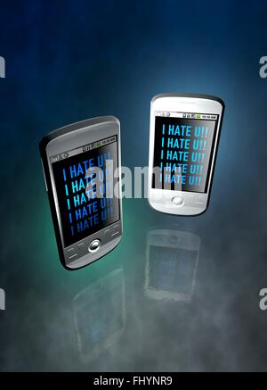 Zwei Smartphones mit I Hate You Nachrichten, Abbildung. Stockfoto