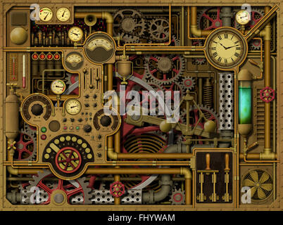 Ein Steampunk-Hintergrund mit Uhren, Zifferblätter, Getriebe und Zahnräder, Rohre und schaltet. Stockfoto