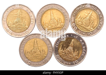 Thai Geld, 10 Baht Münzen isoliert auf weißem Hintergrund Stockfoto