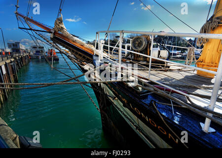 Ein Pelikan schmückt den Bugspriet von "The Pelican of London", einem Großsegler Clipper vertäut in Weymouth, Großbritannien Stockfoto