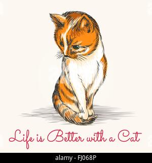 Roten Kätzchen im Stil der Sketch mit dem Wortlaut Leben ist besser mit einer Katze. Kostenlose Schriftart verwendet. Stock Vektor