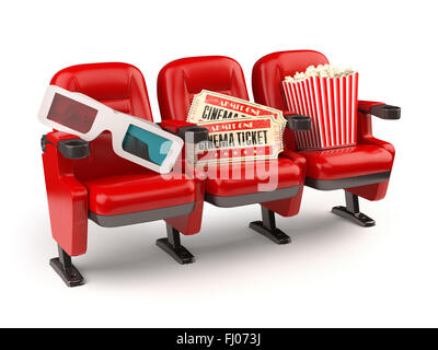 Kino-Film-Konzept. Rote Sitze mit Tickets, Popcorn und 3D-Brille isoliert auf weiss. Stockfoto