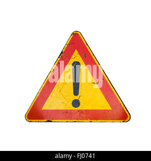 Leuchtend rote und gelbe Dreieck Warnung Straßenschild mit Ausrufezeichen isoliert auf weißem Hintergrund Stockfoto