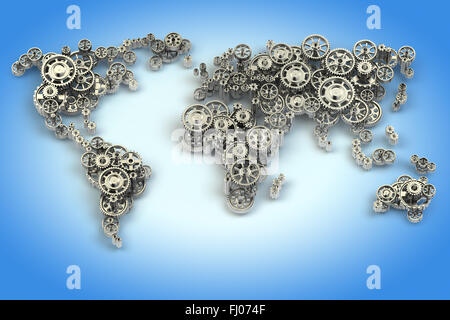 Karte der Welt von Zahnrädern. Weltwirtschaft Verbindungen und internationale Business-Konzept. 3D Stockfoto