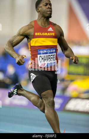 EIS-Sheffield, Sheffield, UK. 27. Februar 2016. Britische Indoor Leichtathletik Meisterschaften Tag eins. Dwain Chambers (Belgrave Harriers) gewinnt seinen Vorlauf im 60m-Sprint der Männer. Bildnachweis: Aktion Plus Sport/Alamy Live-Nachrichten Stockfoto