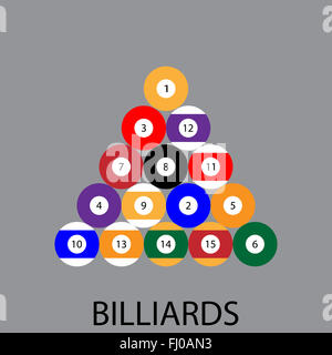 Billard-Sport-Symbol. Pool und Pool-Billard, Billard-Kugeln, Billardtisch, Snooker und Billiard. Sport-Spiel, Pool und Ball, billi Stockfoto