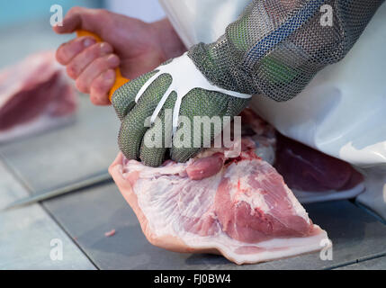 München, Deutschland. 24. Februar 2016. Ein Metzger zerstückelt ein Schwein auf dem Stand der Deutsche Fleischer Verband an die Internationale Handwerksmesse (IHM, beleuchtet. Internationale Messe für Handwerk) in München, Deutschland, 24. Februar 2016. Foto: SVEN HOPPE/Dpa/Alamy Live News Stockfoto