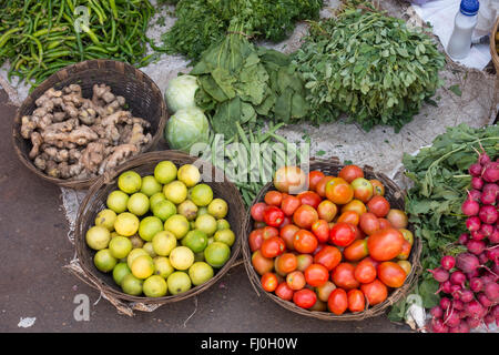 Vielzahl von Gemüse für den Verkauf auf Stock am Straßenrand Markt in Mahabaleshwar, Maharashtra, Indien Stockfoto