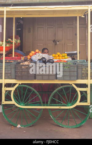 Ein einsamer indische Frau teilweise hinter Ihr Warenkorb Verkauf von Gemüse und Früchten in Mahabaleshwar, Maharashtra sitzen versteckt, Indien Stockfoto