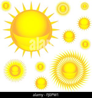 Sonne in verschiedenen Formen und Größen auf dem weißen Hintergrund. Wettervorhersage drucken. Digitalen Hintergrund-Vektor-Illustration. Stock Vektor
