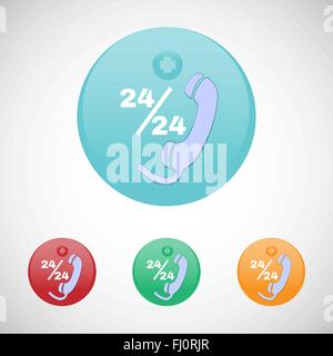 Notruf 24 sieben Telefon. Gesundheitswesen. Digitalen Hintergrund setzen medizinische Vektor Icon auf bunte Runde Tasten. Stock Vektor