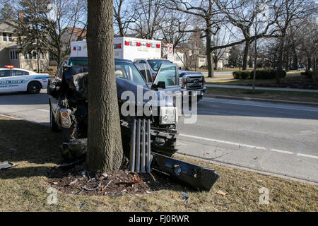 Oak Park, Illinois, USA. 27. Februar 2016. Ein Range Rover liegt an der Kreuzung der Division Street und Elmwood Ave in diesem westlichen Vorort von Chicago zerknitterten an einem Baum Parkway. Offenbar lief die SUV abseits der Straße ohne Verlangsamung führt zu schweren front-End-Schäden und Verunreinigungen aus dem Auto Reisen einiges weiter entlang Division. Zum Glück gab es keine ernsthaften Verletzungen für Fahrer und Passagiere, darunter ein Kleinkind im Kindersitz. Die Knautschzonen und Airbags in diesem modernen Automobils in aller Wahrscheinlichkeit gespeichert Leben. Bildnachweis: Todd Bannor/Alamy Live-Nachrichten Stockfoto