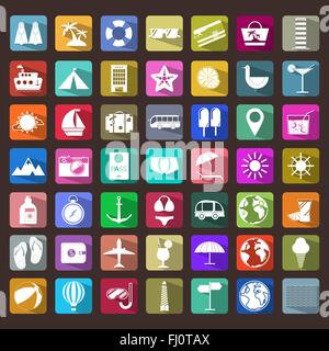 Bunte Sommer Urlaub Symbolsatz. Reisen-Vektor-digitale Hintergrund Illustration. Sommer-Infografiken Stock Vektor