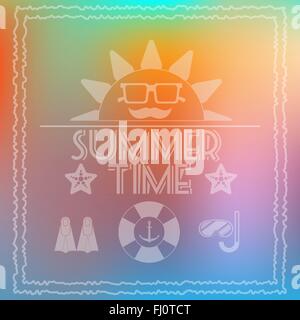 Sommerzeit-Flyer-Vektor-Illustration. Urlaub Hot Vacation Card Reisebüro Banner Vorlage auf eine bunte unscharfen Hintergrund. Stock Vektor