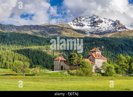 Mist da Sass Schloss in Frühlingslandschaft am Silvaplaner See, Schweiz Stockfoto