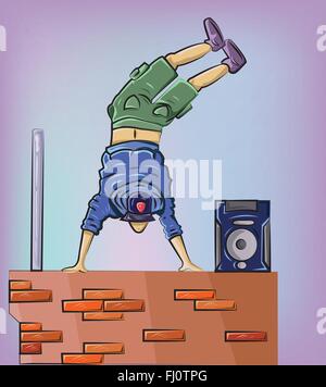 Breakdancer führt auf der Mauer. Freizeit nach der Schulaktivität. Digitalen Hintergrund-Vektor-Illustration. Stock Vektor