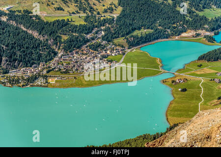 Luftaufnahme Silvaplana und Silvaplana See, Oberengadin, Schweiz Stockfoto