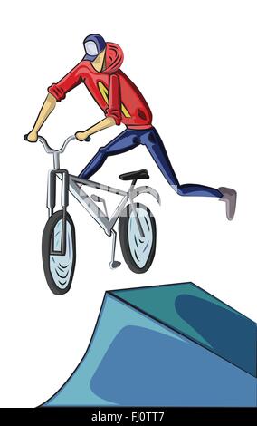 Teenager auf Mountainbike isoliert auf weiss. Junger Mann, Fahrrad Tricks zu machen. Outdoor-Aktivität Vektor-Illustration. Stock Vektor