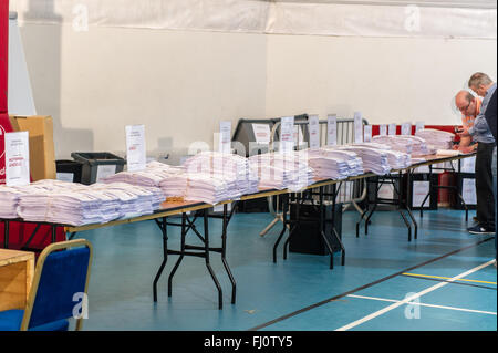 Ballincollig, Irland. Februar 2016. Tausende von Wahlbelegen sitzen auf Tischen, die auf die zweite Zählung im Wahlkreis Cork North West bei den irischen Parlamentswahlen 2016 warten. Der Graf wurde in Coláiste Choilm in Ballincollig, Co. Cork, Irland, abgehalten. Credit: AG News/Alamy Live News Stockfoto