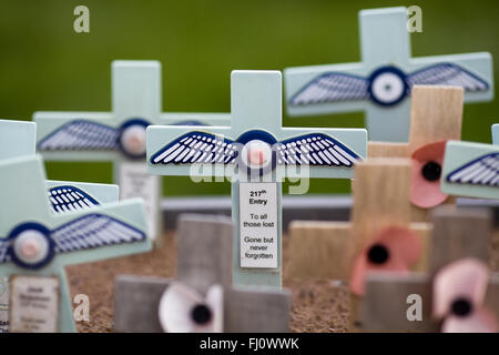 Kleine blaue Erinnerung kreuzt er Royal Air Forces Association Remembrance Garden "zu allem, was, die wir verloren" Stockfoto