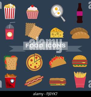 Bunte Fast Food und Snacks Icons Set. Pommes frites, Hamburger, Soda-Getränke, Hot-Dog und Cracker. Tägliches Mittagessen Pause Goodies. Stock Vektor