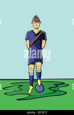 Fußball oder Soccer Player stand draußen im Feld. Sportswear Design. Eine Mann tragen gelbe Stiefel mit blauen Socken und Shorts. Stock Vektor