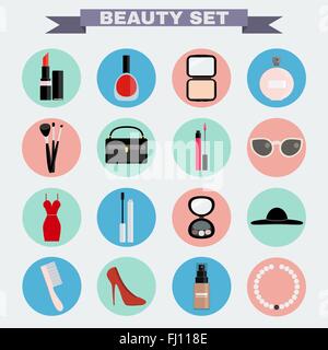 Schönheit Industrie großen Vektor Icon-Set. Make up Tools und Mode-Kleidung-digitale Hintergrund-Vektor-illustration Stock Vektor