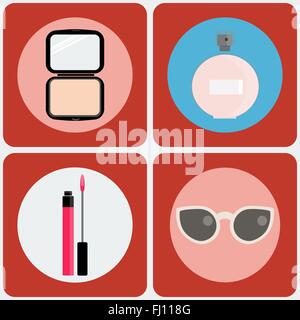 Weibliche Schönheit-Icon-Set. Pulver-Box, Parfüm, Lipgloss, Sonnenbrille. Digitalen Hintergrund-Vektor-Illustration. Stock Vektor