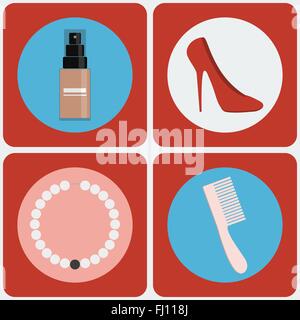 Weibliche Schönheit-Icon-Set. Stiftung-Sprühflasche, Red Shoes, Perlenkette, Haare kämmen. Digitalen Hintergrund-Vektor-Illustration. Stock Vektor