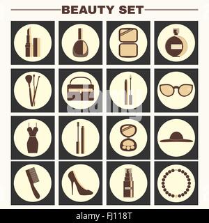 Schönheit Industrie großen Vektor Icon-Set. Lippenstift, Nagel Polieren, Puder, Parfum, Make-up-Bürsten, Kosmetiketui, Lipgloss. Stock Vektor