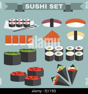 Große Icon-Set von Sushi. Verschiedene Sushi-Arten-Platte mit Stäbchen. Sushi-Rollen, Lachs, Thunfisch, Sushi-Zapfen in Nori-Blätter. Stock Vektor