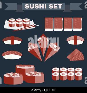 Große Icon-Set von Sushi. Verschiedene Sushi-Arten-Platte mit Stäbchen. Sushi-Rollen, Lachs, Thunfisch, Sushi-Zapfen in Nori-Blätter. Stock Vektor