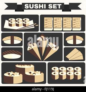 Große Icon-Set von Sushi. Verschiedene Sushi-Arten-Platte mit Stäbchen. Sushi-Rollen, Lachs, Thunfisch, Sushi-Zapfen in Nori-Blätter mit Stock Vektor