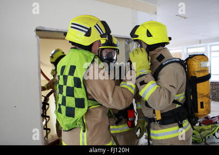 Sevenoaks, Kent, UK. 26. Februar 2016.  Das simulierte Feuer-Szenario im Tubs Hill House London unterwegs waren fünf Feuerwehrfahrzeuge, rund 25 Feuerwehrleute und ein Höhe Fahrzeug beteiligt. Besatzungen, die Reaktion auf einen Notfall 999 anrufen von den Fremdfirmen arbeiten im Gebäude, bestehend aus zwei Türmen, jedes der acht Stockwerke. Das Drama entfaltet sich nach Feuer zwischen der 7. und 8. Etage mit vier Personen ausbricht als vermisst gemeldet. Bildnachweis: HOT SHOTS/Alamy Live-Nachrichten Stockfoto