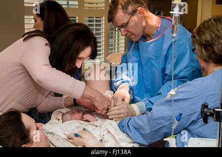 Fridley, Minnesota. Einheit-Krankenhaus. Großmutter schneiden Nabelschnur des Neugeborenen Enkelin. Stockfoto