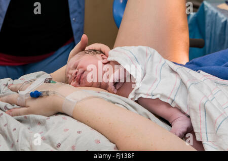 Fridley, Minnesota. Einheit-Krankenhaus. 31 Jahre alt, alleinerziehende Mutter im Krankenhaus Bindung mit ihrem Neugeborenen Babymädchen nach der Geburt. Stockfoto
