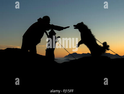 Kulusuk, Grönland Mann Pflege für Hunde Stockfoto